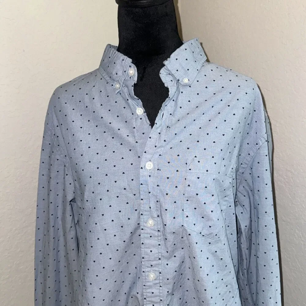 J.Crew Re-Imagined‎ Shirt Men's Large Blue Heart Print Cotton Casual Button-Down